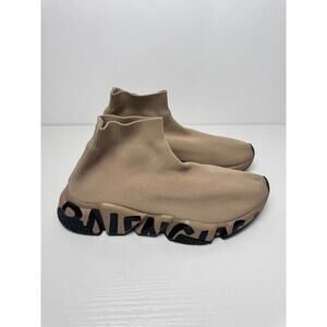 Balenciaga Speed Trainer Graffiti Sole Sneakers Beige Tan Knit Women’s SZ 37